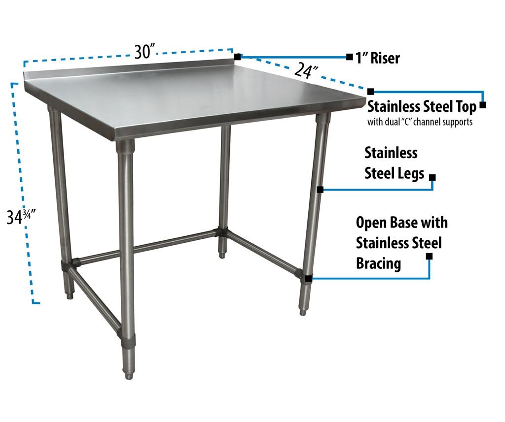 18 Gauge Stainless Steel Work Table With Open Base 1.5" Riser 30"Wx24"D
