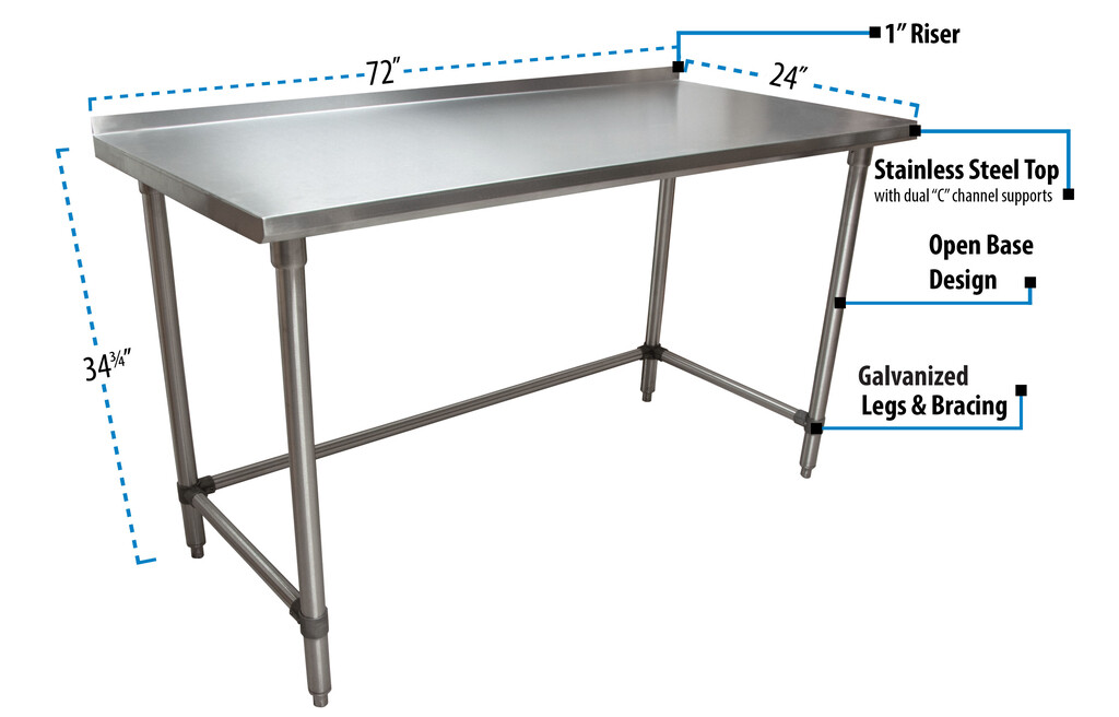 18 Gauge Stainless Steel Work Table With Open Base 1.5" Riser 72"Wx24"D