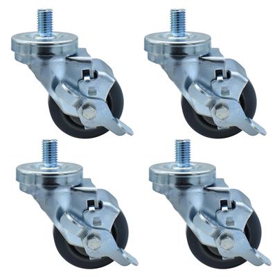 Set of (4) 3" Gray Rubber Wheel 5/8"-13x1" Threaded Stem Swivel Casters With Top Lock Brake