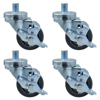 Set of (4) 3" Gray Rubber Wheel 3/4"-10x1" Threaded Stem Swivel Casters With Top Lock Brake