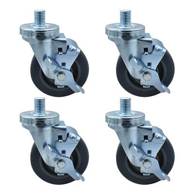 Set of (4) 4" Gray Rubber Wheel 3/4"-10x1" Threaded Stem Swivel Casters With Top Lock Brake