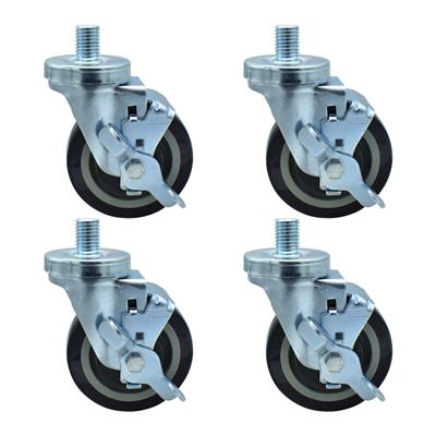 Set of (4) 4" Polyurethane Wheel 3/4"-10x1" Threaded Stem Swivel Casters With Top Lock Brake