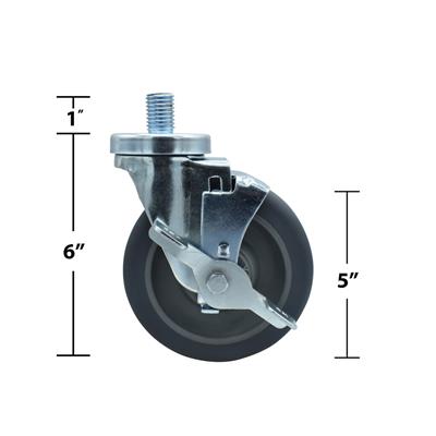 Set of (4) 5" Gray Rubber Wheel 3/4"-10x1" Threaded Stem Swivel Casters With Top Lock Brake