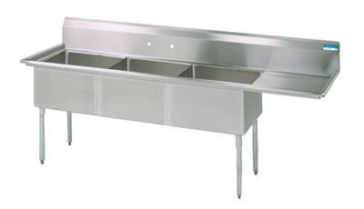 Stainless Steel 3 Compartment Sink w/ Right Drainboard 16X20X12D Bowls