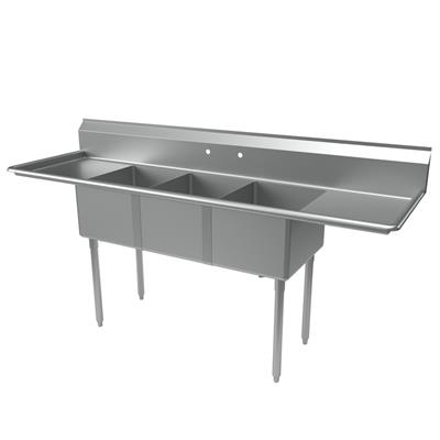 Stainless Steel 3 Compartment Sink w/ & Dual 18" Drainboards 16X20X12D Bowls