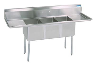 Stainless Steel 3 Compartment Sink w/ & Dual 24" Drainboards 18X18X12D Bowls