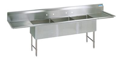Stainless Steel 3 Compartment Sink w/ Dual 24" Drainboards 24X24X14D Bowls