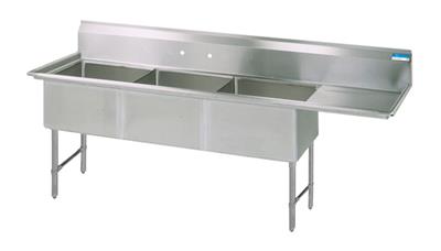 Stainless Steel 3 Compartment Sink 10" Riser Right Drainboard 16X20X14D Bowls