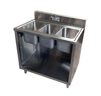 Stainless Steel 3 Compartment Sink Cabinet with Hinged Doors and Faucet