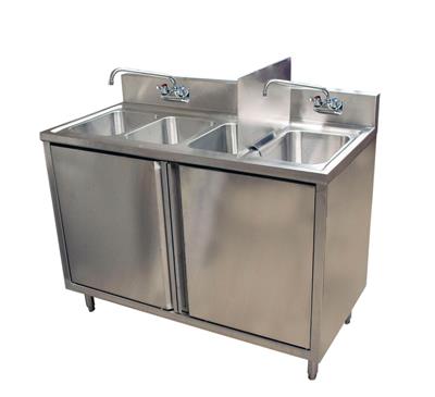 Stainless Steel 4 Compartment Cabinet with Hinged Doors, Side Splashes and 2 Faucets