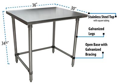 16 Gauge Stainless Steel Work Table Open Base Galvanized Legs 36"Wx30"D