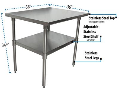 16 Gauge Stainless Steel Work Table With Stainless Steel Shelf 36"Wx36"D