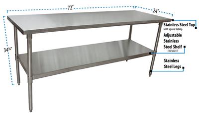 16 Gauge Stainless Steel Work Table With Stainless Steel Shelf 72"Wx24"D