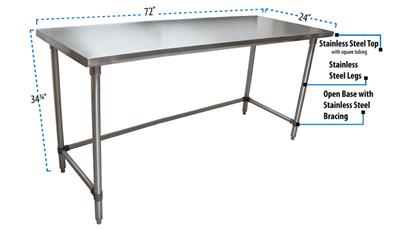 16 Gauge Stainless Steel Work Table Open Base 72"Wx24"D