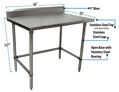 16 Gauge Stainless Steel Work Table Open Base 5"Riser 48"Wx30"D