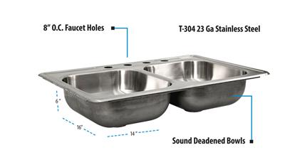 Stainless Steel 2 Compartment Dropin Sink 20"x16"x12" Bowl