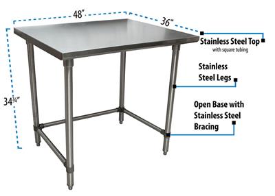 14 Gauge Stainless Steel Work Table Open Base Stainless Steel Legs 48"Wx36"D