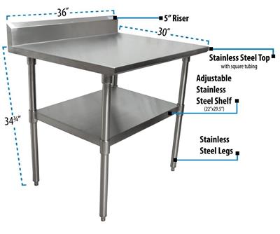 14 Gauge Stainless Steel Work Table W/ Stainless Steel Shelf 5"Riser 36"Wx30"D