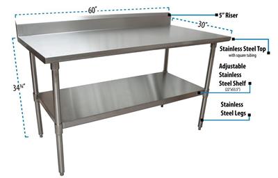 14 Gauge Stainless Steel Work Table W/ Stainless Steel Shelf 5"Riser 60"Wx30"D