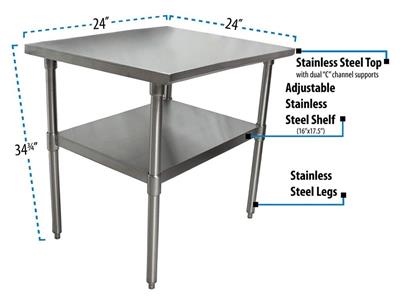 18 Gauge Stainless Steel Work Table W/Undershelf  24"Wx24"D