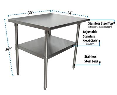18 Gauge Stainless Steel Work Table W/Undershelf  30"Wx24"D