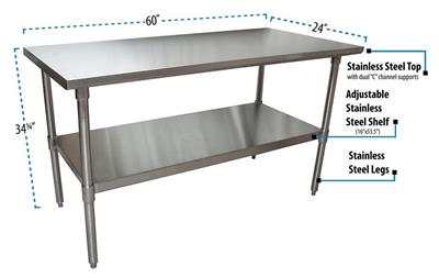 18 Gauge Stainless Steel Work Table W/Undershelf  60"Wx24"D