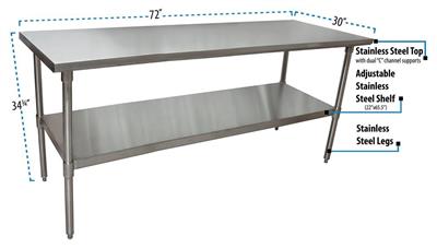 18 Gauge Stainless Steel Work Table W/Undershelf  72"Wx30"D