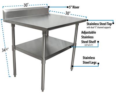 18 Gauge Stainless Steel Work Table Undershelf  5" Riser 30"x30"