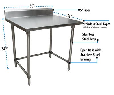 18 Gauge Stainless Steel Work Table W/Open Base  5 Riser 30"Wx24"D