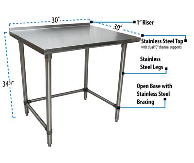 18 Gauge Stainless Steel Work Table Open Base  1.5 Riser 30"Wx30"D