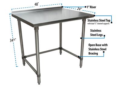 18 Gauge Stainless Steel Work Table Open Base  1.5 Riser 48"Wx24"D