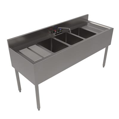 21"X60" Stainless Steel Underbar Sink w/ Legs 3 Compartment Two Drainboards and Faucet