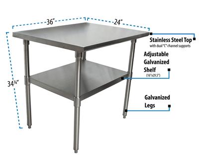 18 Stainless Steel Guage Work Table w/Galvanized Undershelf 36"Wx24"D