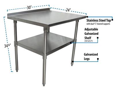 18 Gauge Stainless Steel Work Table  With Undershelf 1.5" Riser 30"Wx24"D