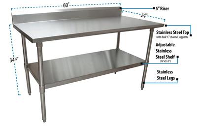 18 Gauge Stainless Steel Work Table  With Undershelf 5" Riser 60"Wx24"D